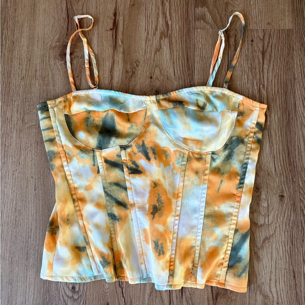 Pretty Little Thing Yellow Tie-Dye Corset Style Top and Ruched Side-Slit Skirt - Picture 4 of 8